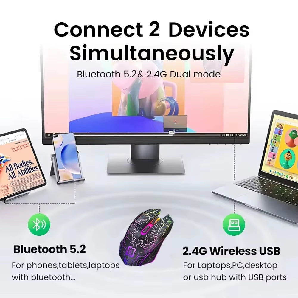 2.4G Bluetooth Rechargeable Wireless Gaming Mouse with Silent Operation and Adjustable DPI (800-1200-1600) for PC, Laptop, and MacBook